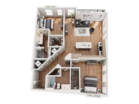 A floor plan of a small apartment with a kitchen, living room, and two bedrooms.